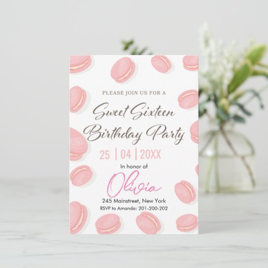 Chic & Sweet: Macaron Verjaardagsfeestje Kaart (Staand voorkant)