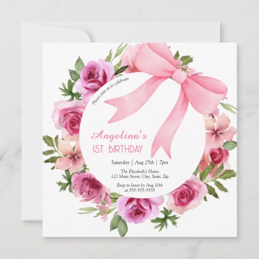 Chic Sweet Pink Bow Roos Bloemen Verjaardag Kaart (Voorkant)