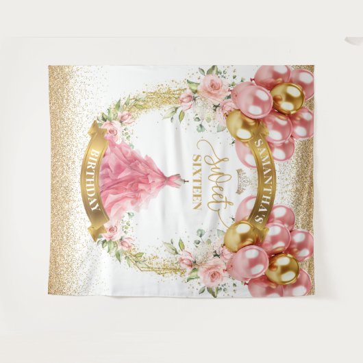 Chic Sweet Sixteen Achtergrond Blush Jurk Goud Tia Wandkleed (Voorkant (horizontaal))