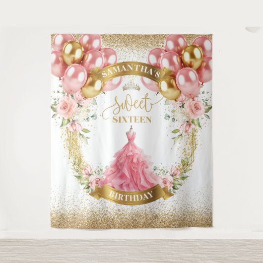 Chic Sweet Sixteen Achtergrond Blush Jurk Goud Tia Wandkleed (Voorkant)