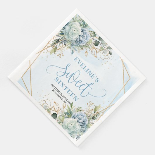 Chic Sweet Sixteen Blue and Gold Floral Table  Servet (Hoek)