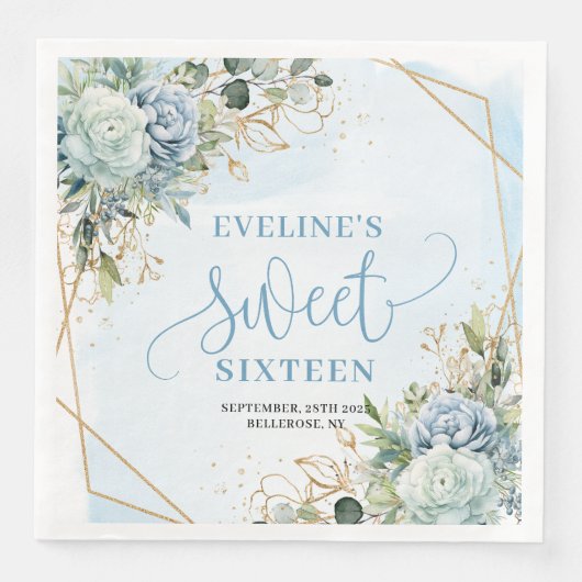 Chic Sweet Sixteen Blue and Gold Floral Table  Servet (Voorkant)