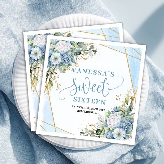 Chic sweet sixteen napkins watercolor blue blooms servet
