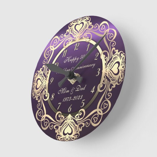 Chic Swirls Hearts Diamond Violet 50th Wedding Ronde Klok (Hoek)