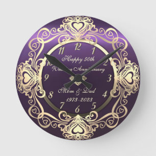 Chic Swirls Hearts Diamond Violet 50th Wedding Ronde Klok
