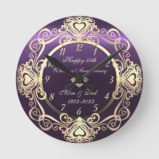 Chic Swirls Hearts Diamond Violet 50th Wedding Ronde Klok (Voorkant)