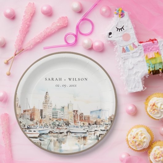 Chic Tampa Florida Skyline Waterverf bruiloft Papieren Bordje (Feest)