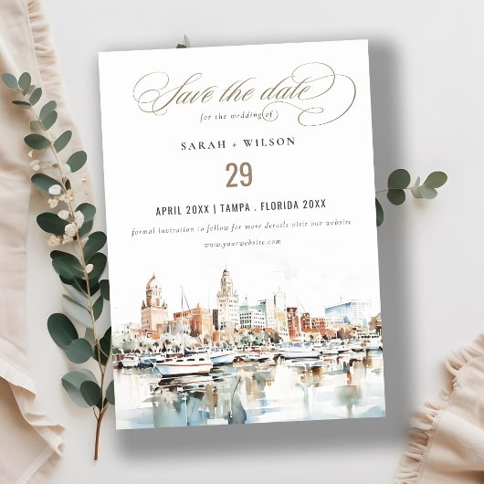 Chic Tampa Florida Skyline Waterverf bruiloft Save The Date