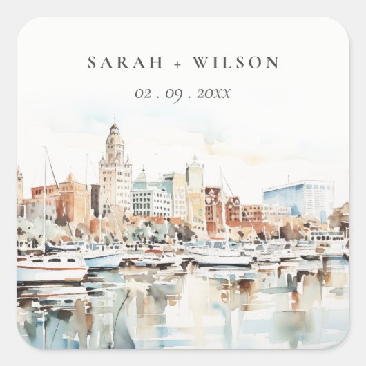 Chic Tampa Florida Skyline Waterverf bruiloft Vierkante Sticker (Voorkant)