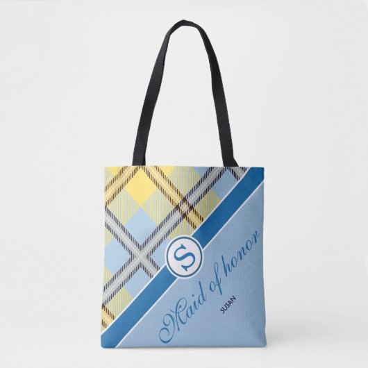 Chic Tartan Custom Monogram Name Script Bridesmaid Tote Bag (Voorkant)