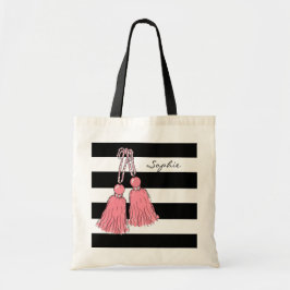 CHIC TAS_29 PINK TASSELS_BLACK STRIPES TOTE BAG