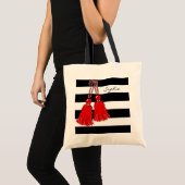 CHIC TAS_CHRISTMAS RED TASSELS_BLACK STRIPES TOTE BAG (Voorkant (product))