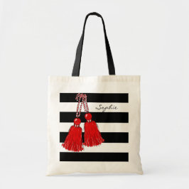CHIC TAS_CHRISTMAS RED TASSELS_BLACK STRIPES TOTE BAG