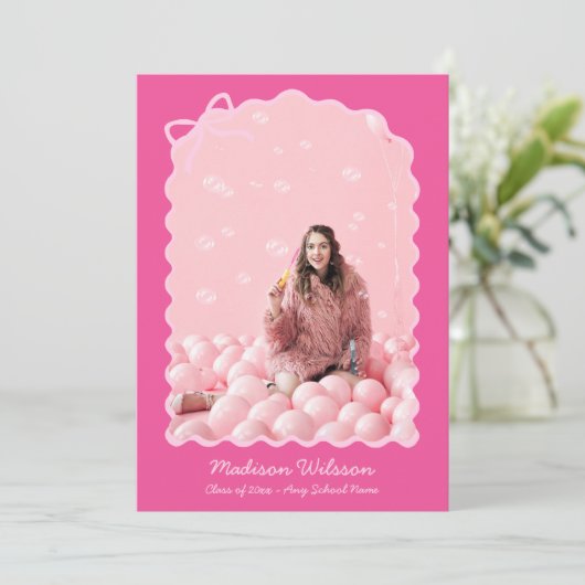 Chic Tassel Bow Roze Afstudeerder Foto 2025 Afstud Aankondiging (Staand voorkant)