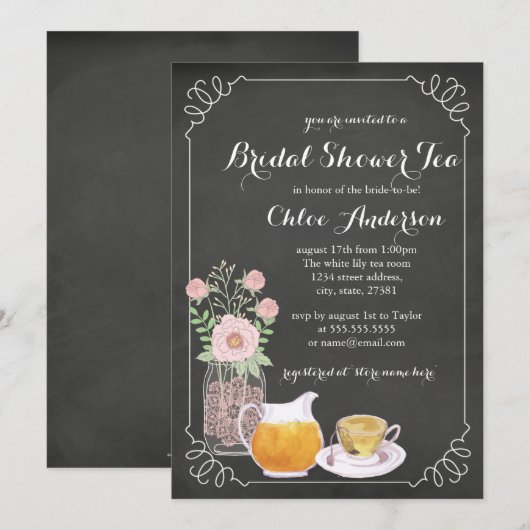Chic Teacup schoolbord bruids douche uitnodiging (Voorkant / Achterkant)