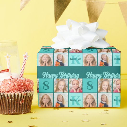 Chic Teal Birthday Party Custom Photo Collage Cadeaupapier (Verjaardagsfeest)
