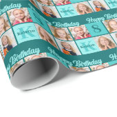 Chic Teal Birthday Party Custom Photo Collage Cadeaupapier (Rol Hoek)