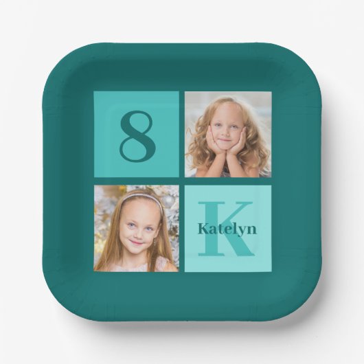 Chic Teal Birthday Party Custom Photo Collage Papieren Bordje (Voorkant)