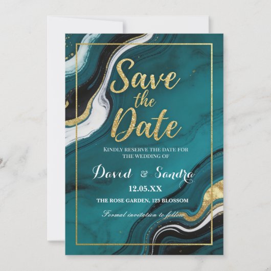Chic Teal Gold Agate Marble Modern Wedding  Save The Date (Voorkant)