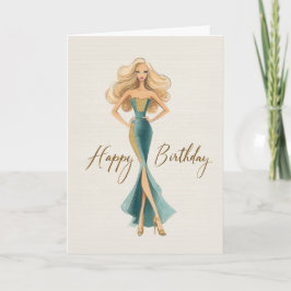 Chic Teal Gold Elegant Fashionista Birthday Kaart