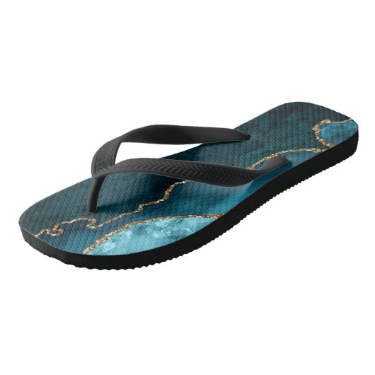 Chic Teal Gold Glitter Agate Custom Monogram Teenslippers (Schuin)