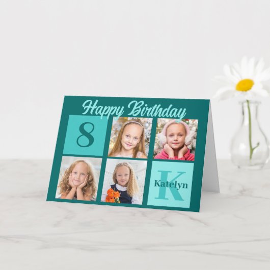 Chic Teal Happy Birthday Custom Photo Collage Kaart (Kleine Plant)