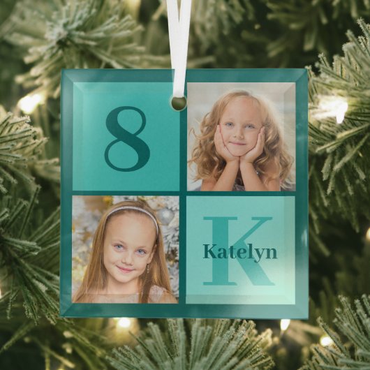 Chic Teal Photo Collage Personalized Christmas Glas Ornament (Insitu)