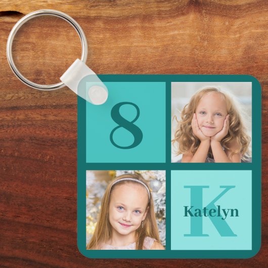 Chic Teal Photo Collage Personalized Sleutelhanger (Voorkant)