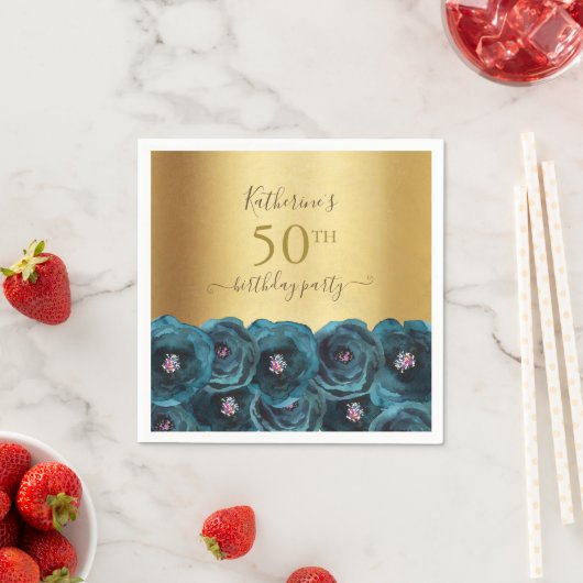 Chic Teal Rose Floral Gold 50th Birthday Party Servet (Insitu)