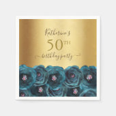 Chic Teal Rose Floral Gold 50th Birthday Party Servet (Voorkant)