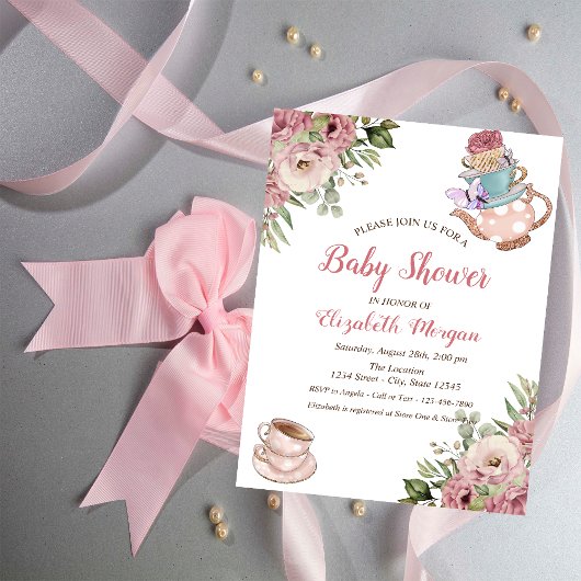 Chic Teapot Tea cup Floral Baby shower Kaart