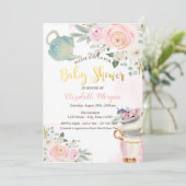 Chic Teapot Tea cup roze bloemen Baby shower Kaart (Staand voorkant)