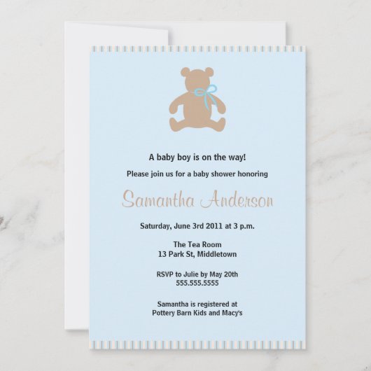 Chic Teddy Bear Baby shower Invitation - Boy Kaart (Voorkant)