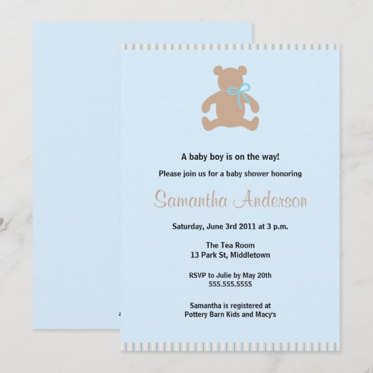 Chic Teddy Bear Baby shower Invitation - Boy Kaart (Voorkant / Achterkant)