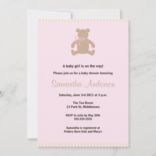 Chic Teddy Bear Baby shower Invitation - Girl Kaart (Voorkant)