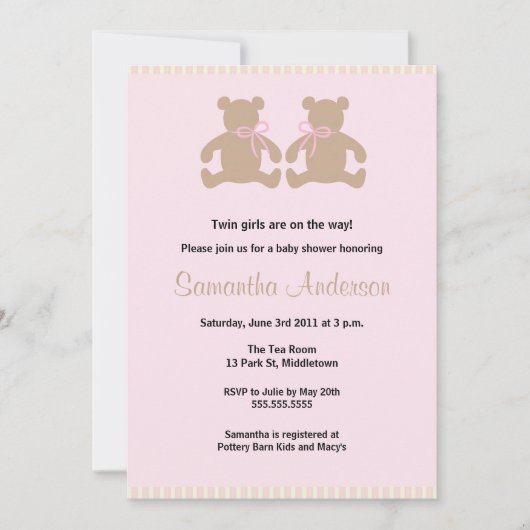 Chic Teddy Bear Baby shower Invitation - Twin Girl Kaart (Voorkant)