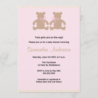 Chic Teddy Bear Baby shower Invitation - Twin Girl Kaart