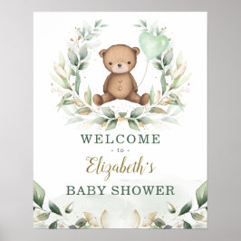 Chic Teddy Bear Greenery Gold Wreath Welcome Baby Poster