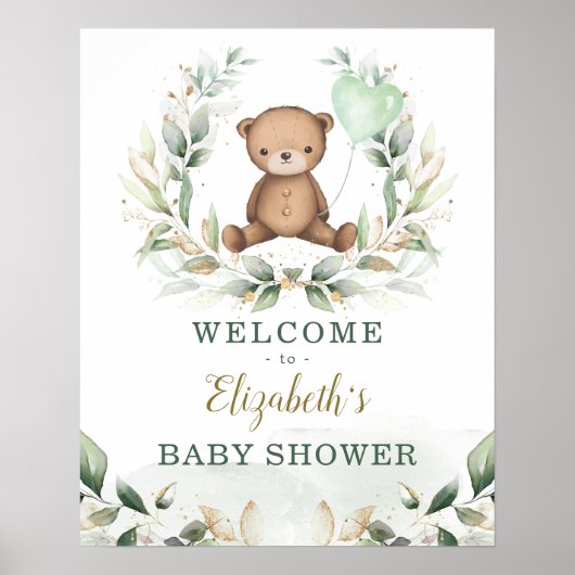 Chic Teddy Bear Greenery Gold Wreath Welcome Baby Poster (Voorkant)
