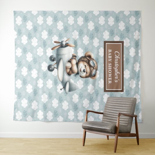 Chic Teddy Bear Pilot Blauw Bruin Viering Wandkleed (In Situ (horizontaal))