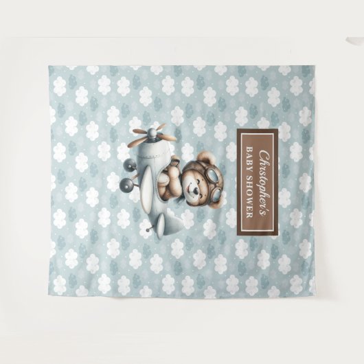 Chic Teddy Bear Pilot Blauw Bruin Viering Wandkleed (Voorkant (horizontaal))