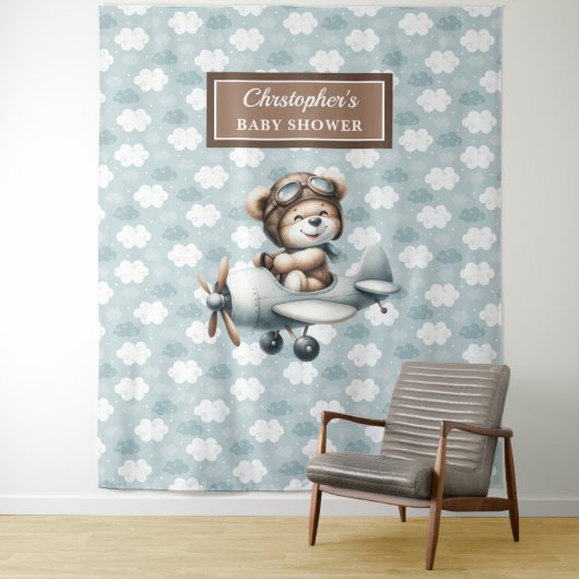 Chic Teddy Bear Pilot Blauw Bruin Viering Wandkleed (In situ)