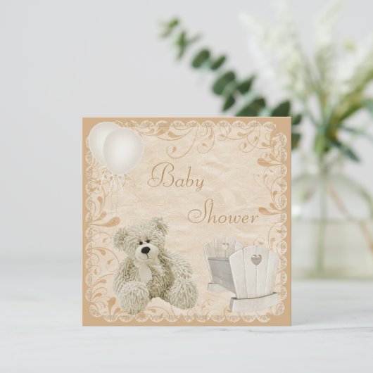 Chic Teddy & Wieg neutraal Baby shower Kaart (Staand voorkant)