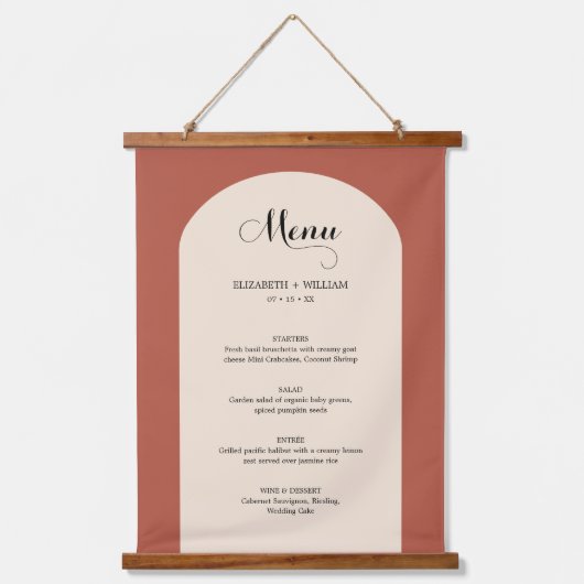 Chic Terracotta Arch Lijst Script Wedding Menu Hangend Wandkleed (Voorkant)