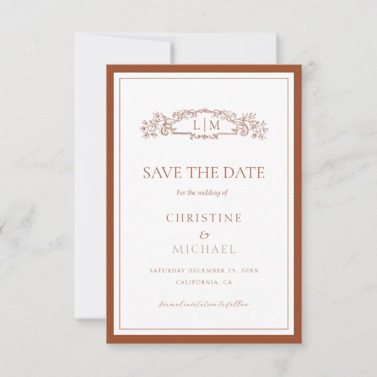 Chic Terracotta botanische kam monogram bruiloft Save The Date (Voorkant)