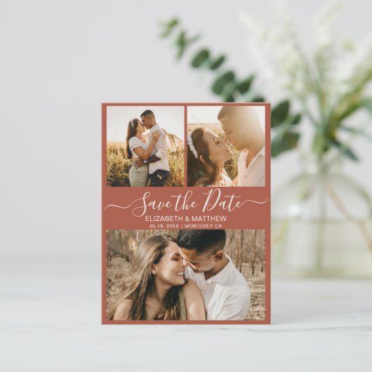 Chic Terracotta de Foto collage sparen de Datum va Aankondigingskaart (Staand voorkant)