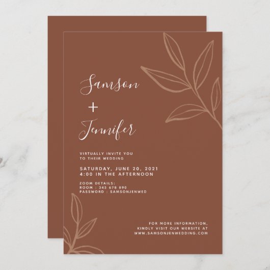 Chic Terracotta met Leaves Boho Virtual Wedding Kaart (Voorkant / Achterkant)