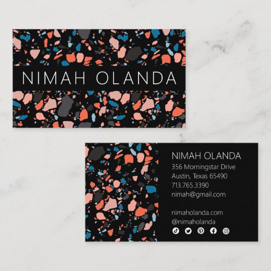 Chic Terrazzo Elegant Handmade Bold Social Icons Visitekaartje (Voorkant / Achterkant)