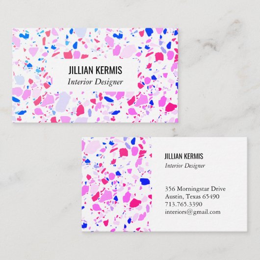 Chic terrazzo visitekaartje in blauw roze paars (Voorkant / Achterkant)