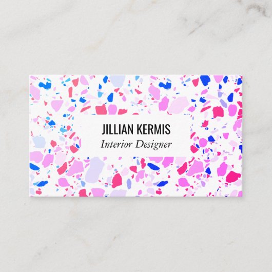 Chic terrazzo visitekaartje in blauw roze paars (Voorkant)